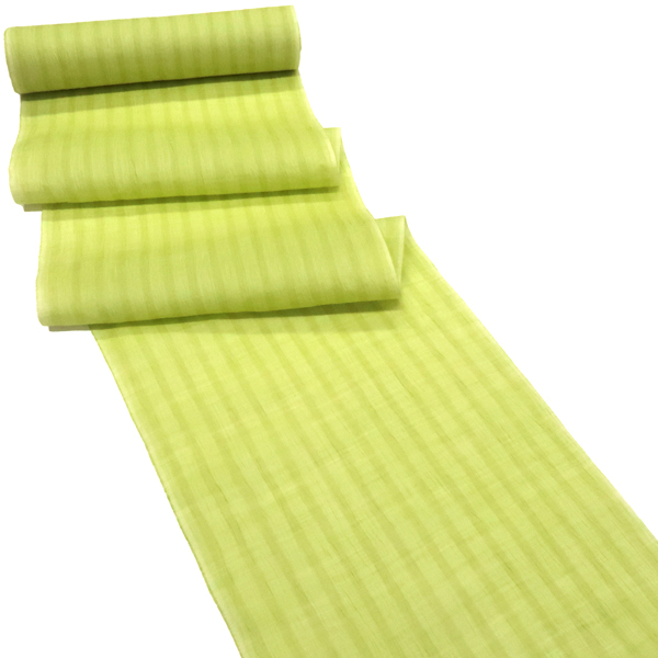 本麻 近江ちぢみ 着物 ライムグリーン色 黄緑 縞 夏着物 近江縮［88,000円］ 枚目