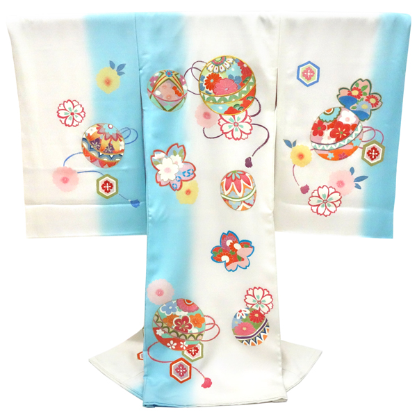 お宮参り 女の子 京友禅 産着 水色×白色 正絹 着物 初着 毬 鞠［96,250円］ 枚目