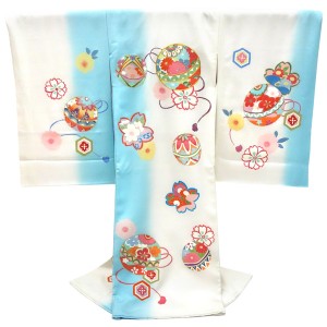 お宮参り 女の子 京友禅 産着 水色×白色 正絹 着物 初着 毬 鞠［96,250円］