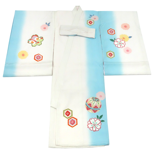 お宮参り 女の子 京友禅 産着 水色×白色 正絹 着物 初着 毬 鞠［96,250円］ 枚目