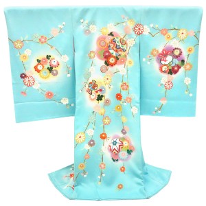 お宮参り 女の子産着 水色 京友禅 正絹 着物 初着 毬［96,250円］