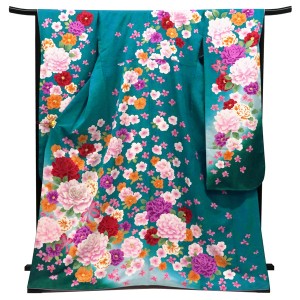振袖 正絹 ターコイズブルー 古典柄 牡丹 成人式［110,000円］