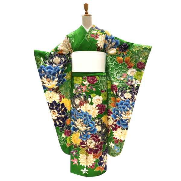振袖 古典柄 牡丹 菊 正絹 黄緑 成人式［110,000円］ 枚目