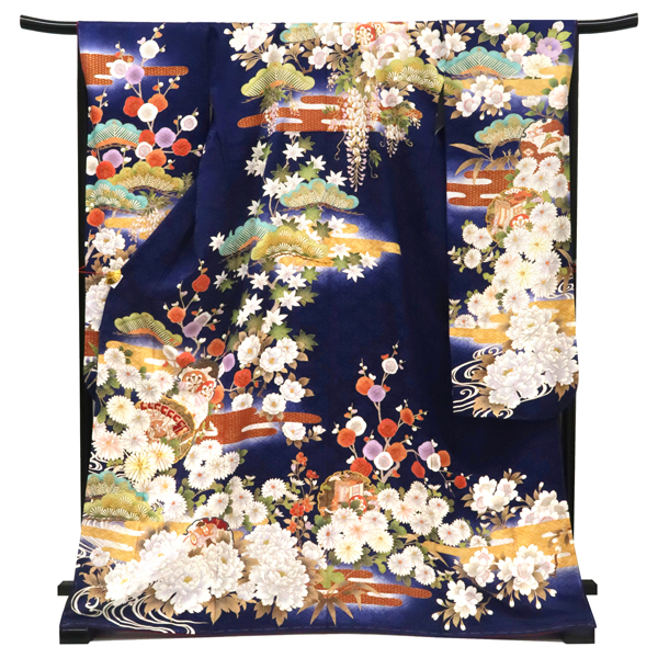 振袖 正絹 古典柄 紺色 ネイビー 菊 扇面 雪輪 四季花 成人式［176,000円］ 枚目