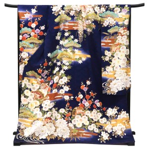 振袖 正絹 古典柄 紺色 ネイビー 菊 扇面 雪輪 四季花 成人式［176,000円］