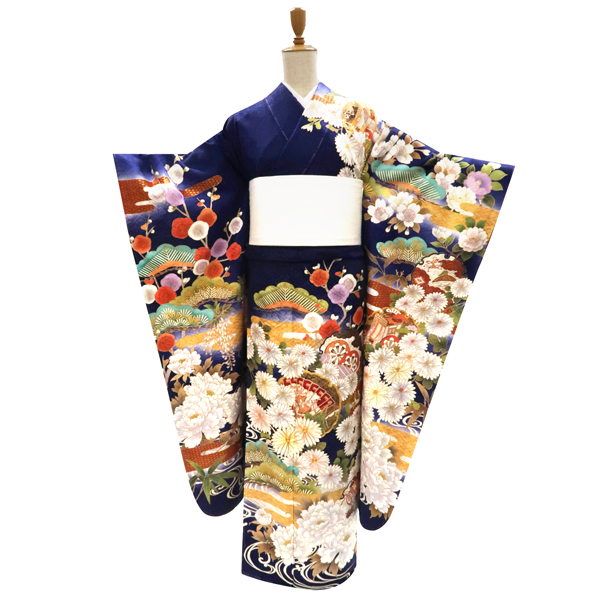 振袖 正絹 古典柄 紺色 ネイビー 菊 扇面 雪輪 四季花 成人式［176,000円］ 枚目