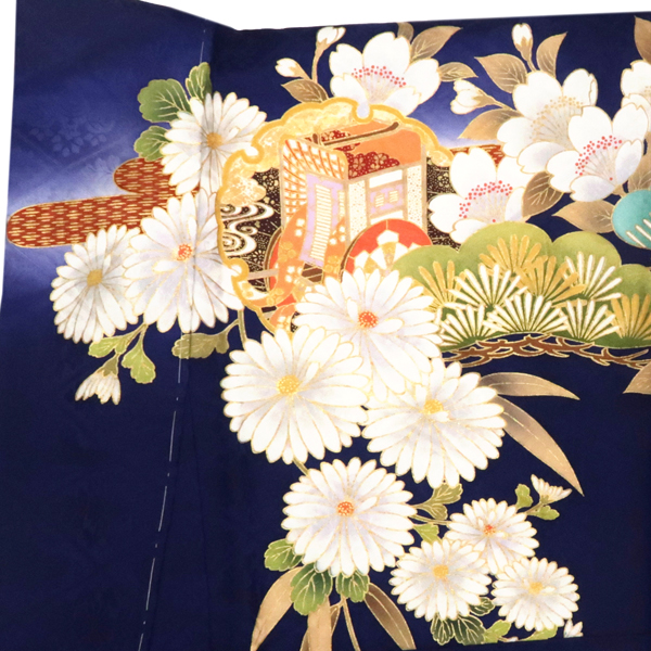 振袖 正絹 古典柄 紺色 ネイビー 菊 扇面 雪輪 四季花 成人式［176,000円］ 枚目