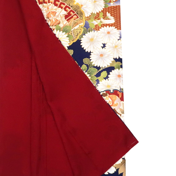 振袖 正絹 古典柄 紺色 ネイビー 菊 扇面 雪輪 四季花 成人式［176,000円］ 枚目