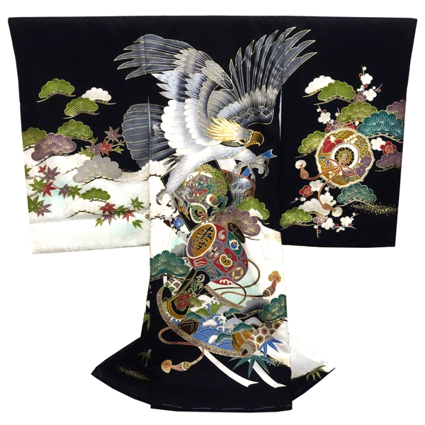お宮参り 男の子産着 黒色 鷹 龍 小槌 初着 のしめ 着物 祝い着 男児 正絹［60,500円］ 枚目