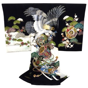 お宮参り 男の子産着 黒色 鷹 龍 小槌 初着 のしめ 着物 祝い着 男児 正絹［60,500円］