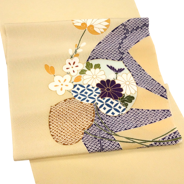 工芸キモノ野口 京友禅 名古屋帯 ベージュ 正絹 染め帯 葵 菊 疋田柄［440,000円］ 枚目