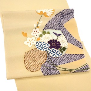 工芸キモノ野口 京友禅 名古屋帯 ベージュ 正絹 染め帯 葵 菊 疋田柄［440,000円］