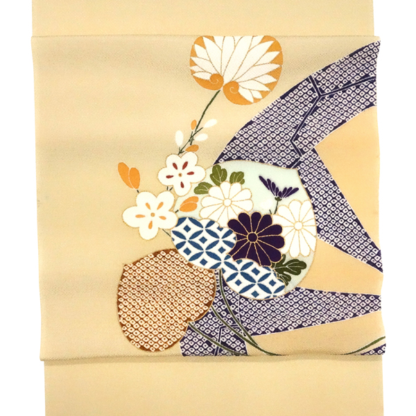 工芸キモノ野口 京友禅 名古屋帯 ベージュ 正絹 染め帯 葵 菊 疋田柄［440,000円］ 枚目