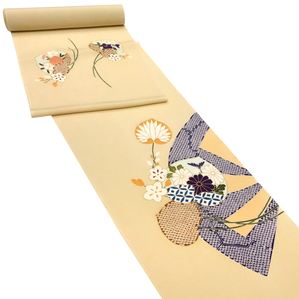 工芸キモノ野口 京友禅 名古屋帯 ベージュ 正絹 染め帯 葵 菊 疋田柄［440,000円］ 枚目