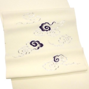 工芸キモノ野口 刺繍名古屋帯 瑞雲文様 クリーム色 正絹 九寸帯［440,000円］