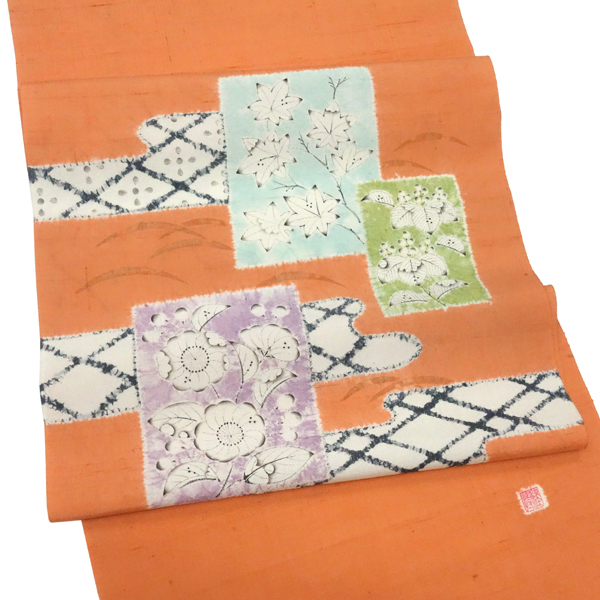 工芸キモノ野口 紬地名古屋帯 オレンジ 橙色 正絹 辻が花文様 染め帯  九寸帯［440,000円］ 枚目
