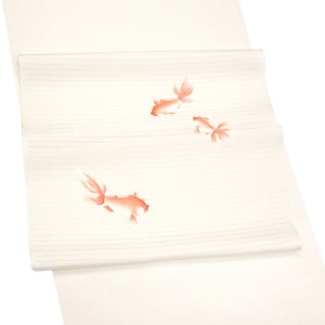秀美 夏名古屋帯 白色  友禅 正絹 金魚［62,000円］