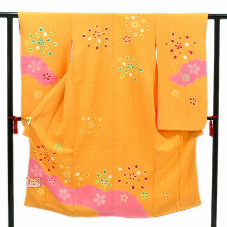 絞り お仕立て済 女児四つ身（7才用お着物）黄色［110,000円］ 枚目