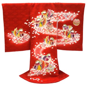 女の子 産着 赤 お宮参り 正絹 着物 初着 のしめ おしどり 鴛鴦［121,000円］