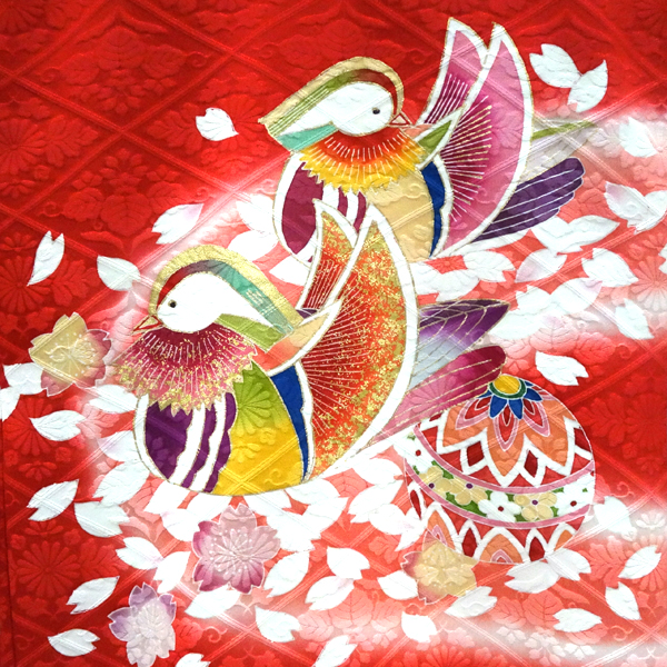 女の子 産着 赤 お宮参り 正絹 着物 初着 のしめ おしどり 鴛鴦［121,000円］ 枚目