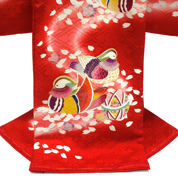 女の子 産着 赤 お宮参り 正絹 着物 初着 のしめ おしどり 鴛鴦［121,000円］ 枚目