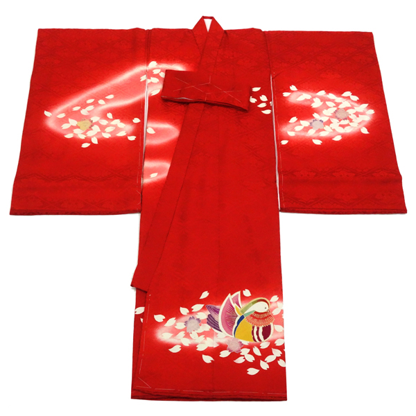 女の子 産着 赤 お宮参り 正絹 着物 初着 のしめ おしどり 鴛鴦［121,000円］ 枚目