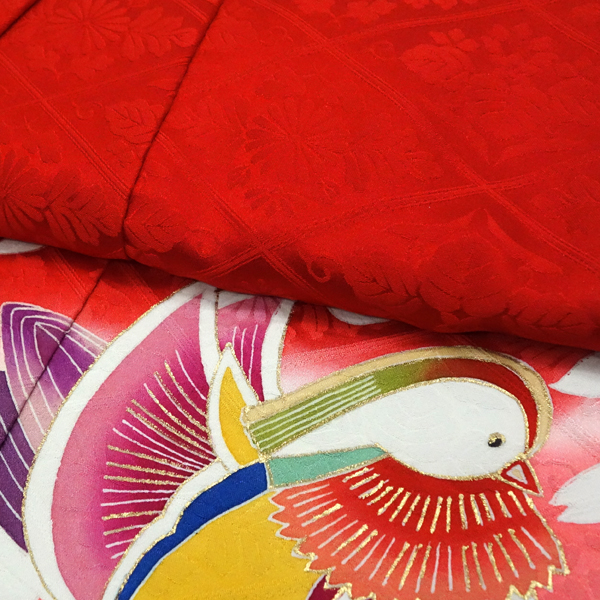 女の子 産着 赤 お宮参り 正絹 着物 初着 のしめ おしどり 鴛鴦［121,000円］ 枚目