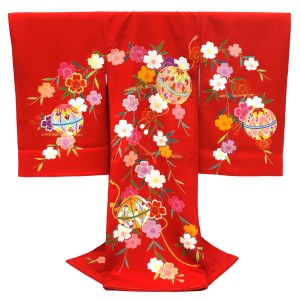 お宮参り 手描友禅 女の子産着 赤 正絹 着物 手毬［121,000円］