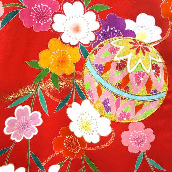 お宮参り 手描友禅 女の子産着 赤 正絹 着物 手毬［121,000円］ 枚目