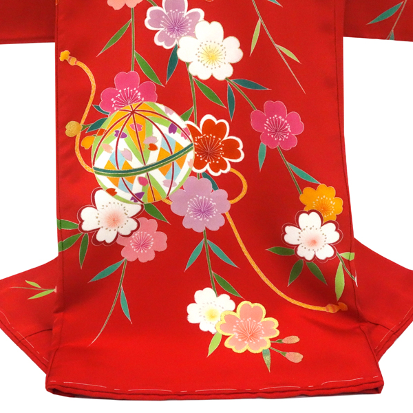 お宮参り 手描友禅 女の子産着 赤 正絹 着物 手毬［121,000円］ 枚目