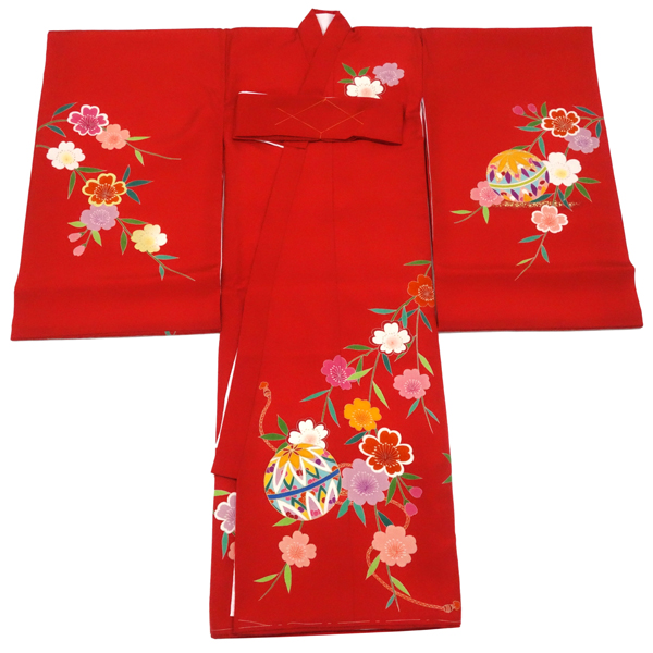お宮参り 手描友禅 女の子産着 赤 正絹 着物 手毬［121,000円］ 枚目