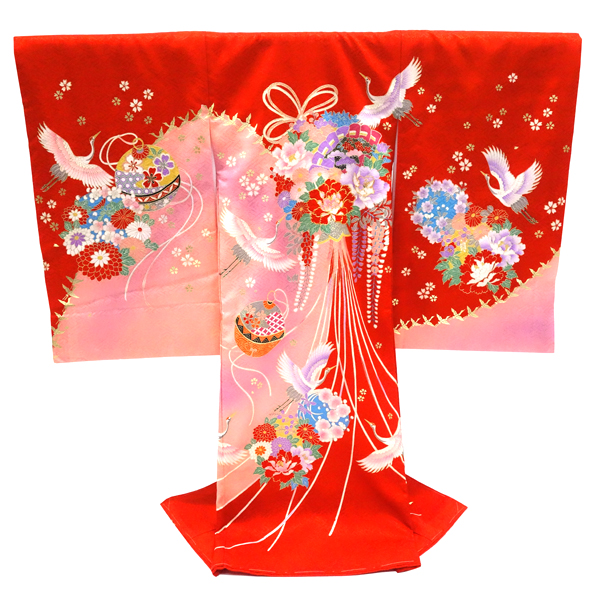 女の子産着 赤 ピンク お宮参り 正絹 着物 初着 のしめ くす玉 檜扇 鶴［60,500円］ 枚目