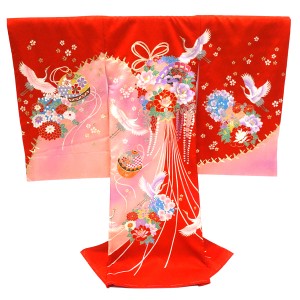 女の子産着 赤 ピンク お宮参り 正絹 着物 初着 のしめ くす玉 檜扇 鶴［60,500円］
