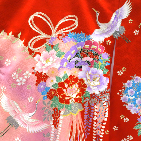 女の子産着 赤 ピンク お宮参り 正絹 着物 初着 のしめ くす玉 檜扇 鶴［60,500円］ 枚目