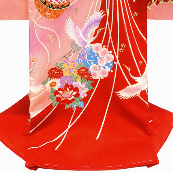 女の子産着 赤 ピンク お宮参り 正絹 着物 初着 のしめ くす玉 檜扇 鶴［60,500円］ 枚目