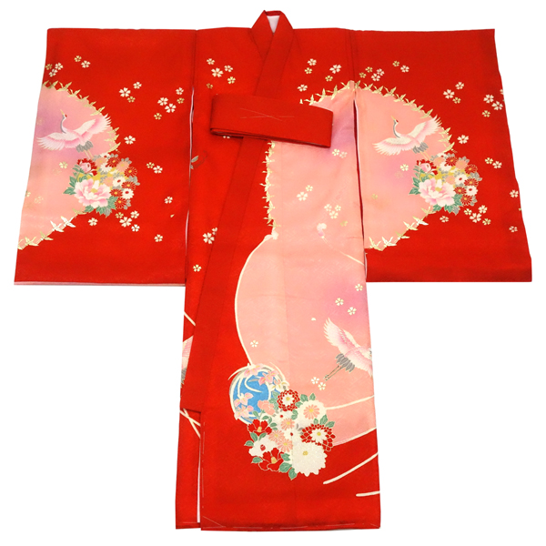 女の子産着 赤 ピンク お宮参り 正絹 着物 初着 のしめ くす玉 檜扇 鶴［60,500円］ 枚目