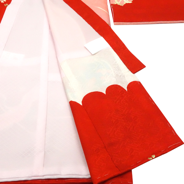 女の子産着 赤 ピンク お宮参り 正絹 着物 初着 のしめ くす玉 檜扇 鶴［60,500円］ 枚目