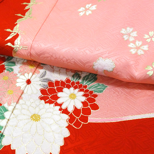 女の子産着 赤 ピンク お宮参り 正絹 着物 初着 のしめ くす玉 檜扇 鶴［60,500円］ 枚目