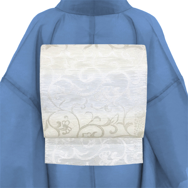 佐々木染織 夏袋帯 西陣織 絹 唐草 唐花 更紗 白 水色［36,300円］ 枚目