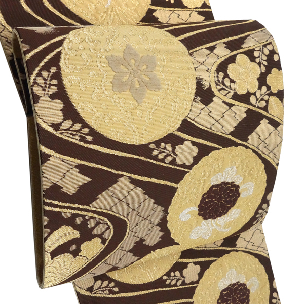 佐々木染織 袋帯 西陣織 絹 こげ茶色 丸文 流水 モール織り［36,300円］ 枚目