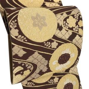 佐々木染織 袋帯 西陣織 絹 こげ茶色 丸文 流水 モール織り［36,300円］