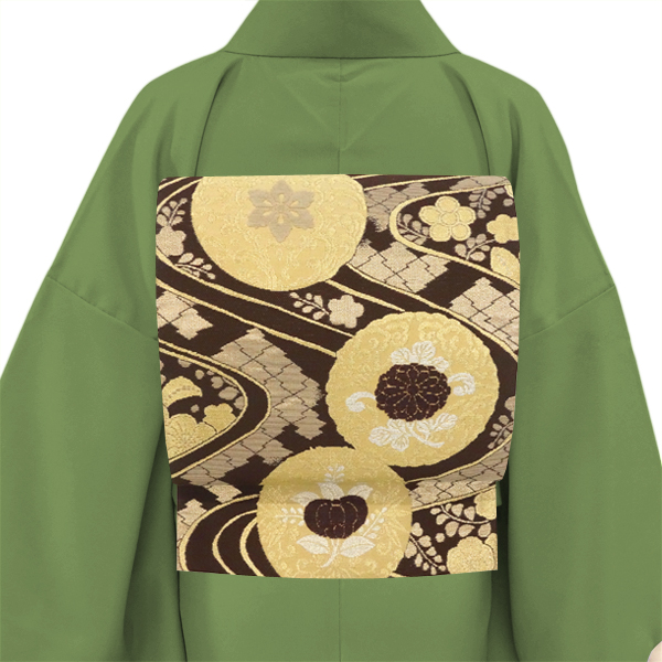 佐々木染織 袋帯 西陣織 絹 こげ茶色 丸文 流水 モール織り［36,300円］ 枚目