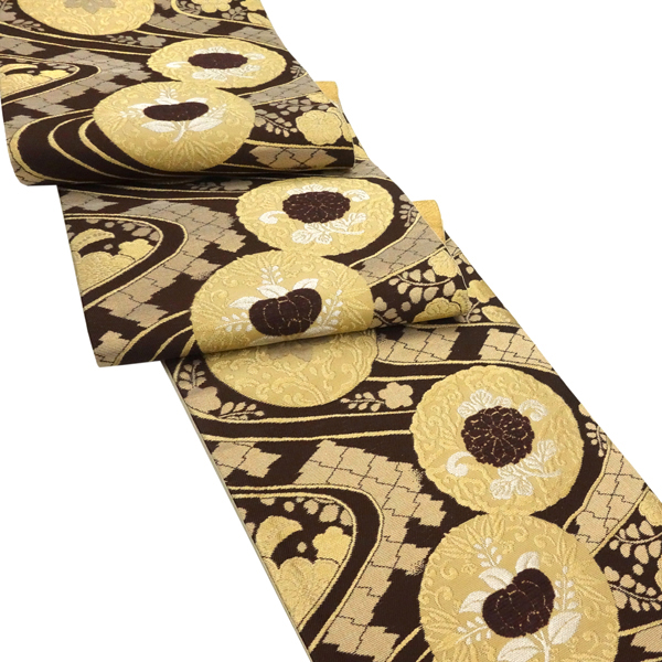 佐々木染織 袋帯 西陣織 絹 こげ茶色 丸文 流水 モール織り［36,300円］ 枚目